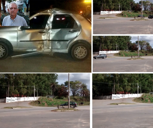O estado que ficou o carro do ex-prefeito após o acidente e o local onde foi o acidente. No cruzamento da MG-050 para a entrada do Parque da Serra